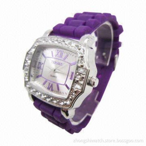 Stylish Logo Silicone Wristwatch with Time and Waterproof, Made of Alloy Bezel Stone Case Material